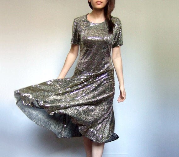 Gold Party Dress, Vintage Sequin Metallic Drop Wai