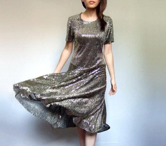 Gold Party Dress, Vintage Sequin Metallic Drop Wa… - image 1