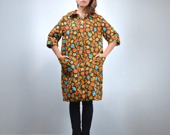 Vintage Robe, Womens Half Sleeve Brown Floral Quil
