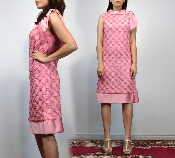 60s Pink Dress, Vintage Tie Neck Shift, 1960s Lace Party