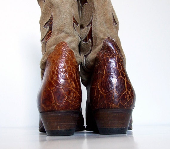 Vintage Cowboy Boots, Beige Suede Leather Snakesk… - image 4