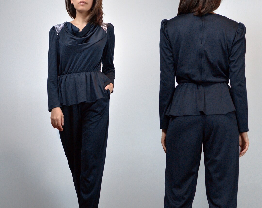 80s Jumpsuit Black Metallic Silver 1980s Retro One Piece Vintage ...