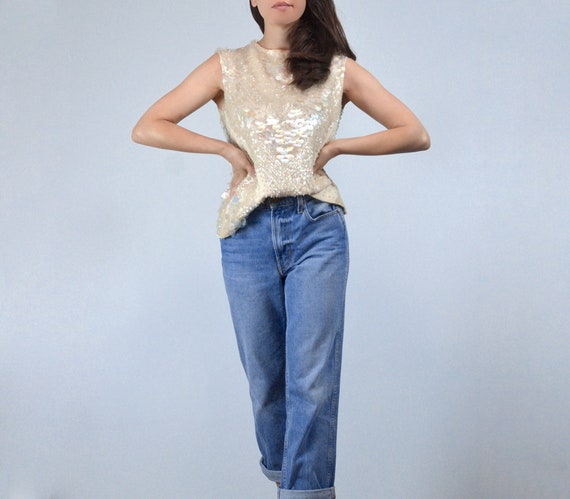 60s Iridescent Paillette Sequin Top, M | Vintage S