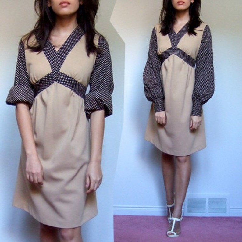 Vintage Retro Dress 70s Polka Dot Fashion Tan Brown M image 4