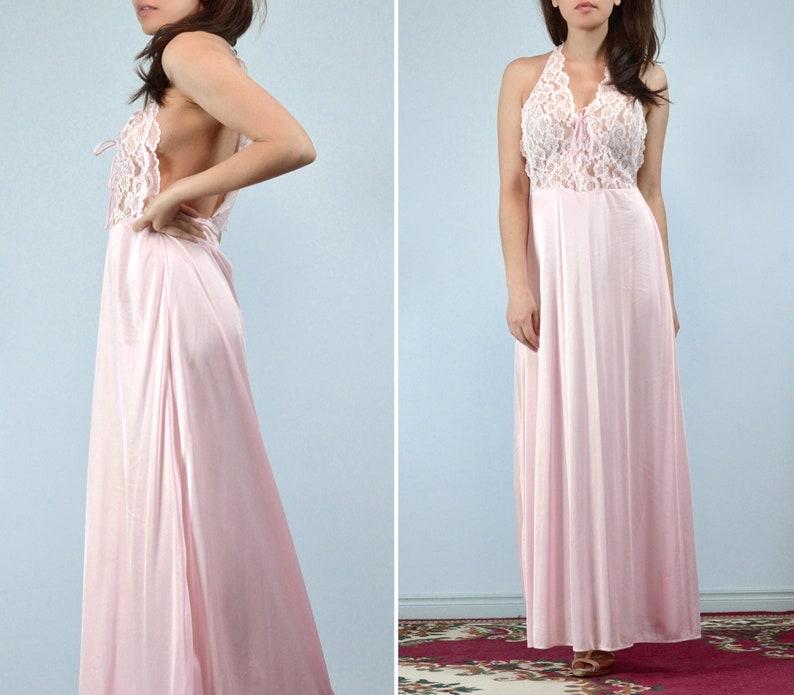 Pink Nightgown Dress Medium Vintage 80s Long Lace Lingerie, M image 2