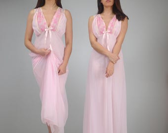 Vintage 70s Sheer Pink Embroidered Nightgown, S