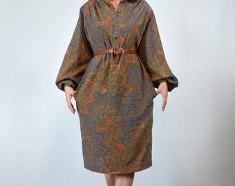 80s Khaki Mandala Patterned Dress, L to XL | Long Sleeve with Pockets