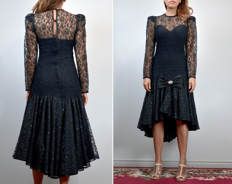 1980s Lace Prom Dress, Long Sleeve Drop Waist Goth Dress, Vintage Halloween Small S image 4