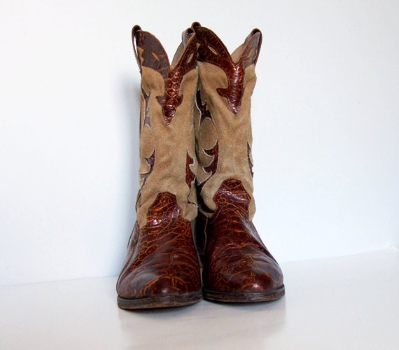Vintage Cowboy Boots, Beige Suede Leather Snakesk… - image 5