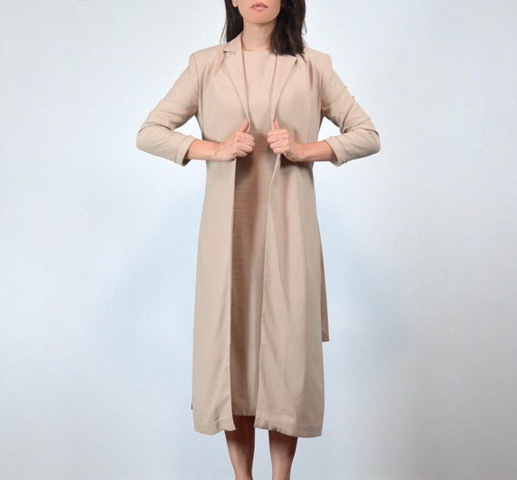 Y2K Jacket Dress Set, XS | Two Piece Beige Matching Long Coat & Shift Set Y2K Jacket Dress Set, XS | Two Piece Beige Matching Long Coat & Shift Set