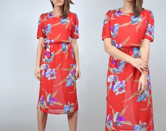 70s Red Floral Dress, XS to S | Sheer Short Sleeve Flower Print Day Dress