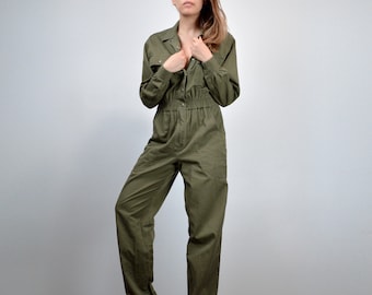 Vintage Flight Suit, Olive Green One Piece Coveralls, 80s Jumpsuit with Pockets - Small to Medium S M