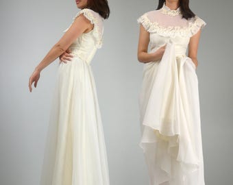 70s Wedding Dress, XS | Sheer Ivory Lace Fit & Flare Gown