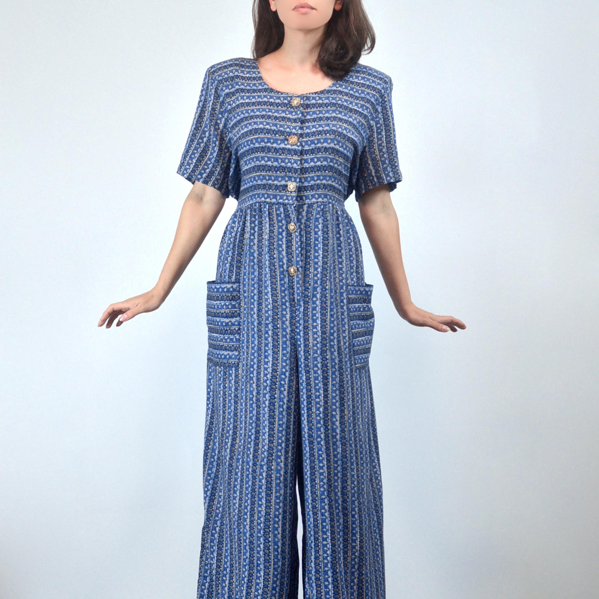 Vintage 90s Wide Leg Jumpsuit, L | One Piece Button Front Playsuit