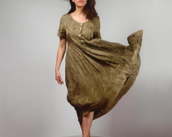 Y2K Khaki Dress, M | Short Sleeved Scoop Neck Crinkle Textured Floral Print Sundress