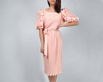 Vintage Puff Sleeve Dress - Medium | 70s Pale Pink Pleated M