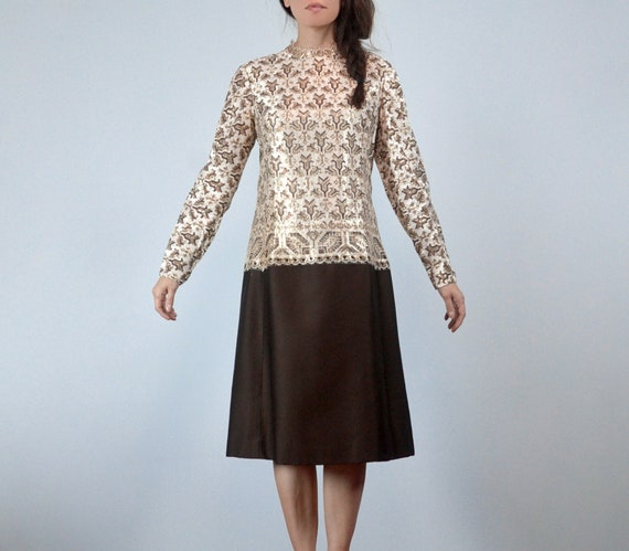 1960's Cocktail Dress, M | Vintage Ivory Gold & Brown Metallic Lace Long  Sleeve Party Dress