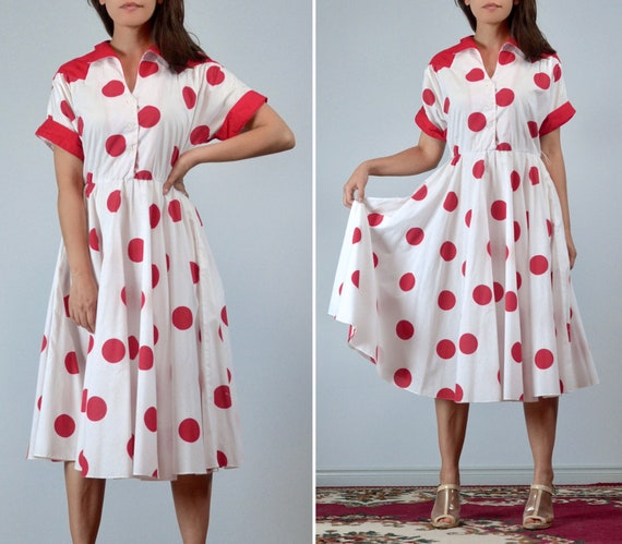 70s 80s Polka Dot Swing Dress, Medium | Vintage R… - image 4