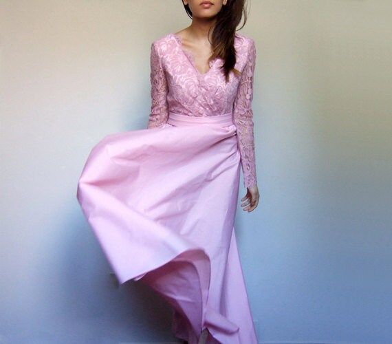 70s Lace Party Dress, Vintage Long Sleeve Pastel Pink Cocktail Dress Medium M 70s Lace Party Dress, Vintage Long Sleeve Pastel Pink Cocktail Dress Medium M