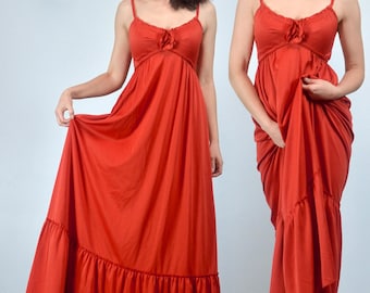 Vintage 1970s Red Maxi Dress, XS