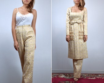 60s Two Piece Dress Pants Set, Vintage 1960s Gold Metallic Outfit, Kiki Hart - Extra Small XS