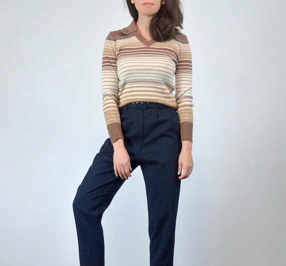 70s Retro Sweater, XS | Vintage Brown and Beige Striped Pullover