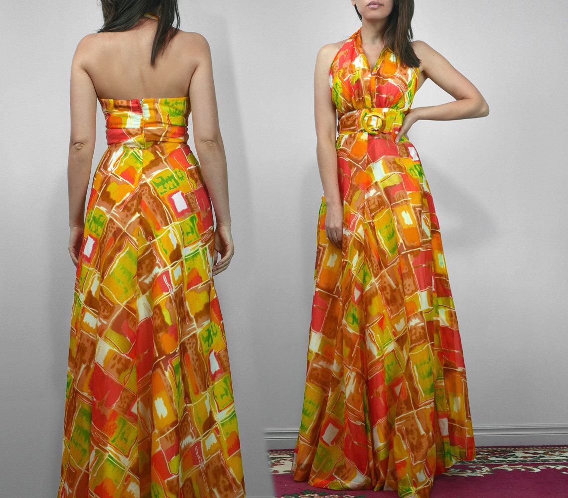 70s Halter Dress, XS, Long Orange & Yellow Colorful Boho Maxi Dress - Etsy