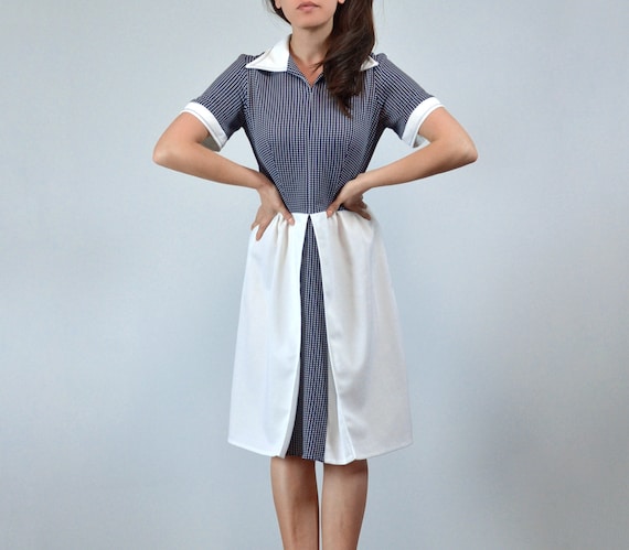 70s Mod Checker Dress S to M | 1970s Collared Bab… - image 3