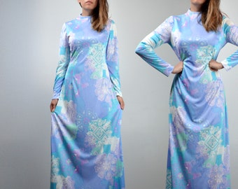 Pastel Long Sleeve Dress, Boho Maxi Dress, 70s Vintage Hippie Women - Small to Medium S M