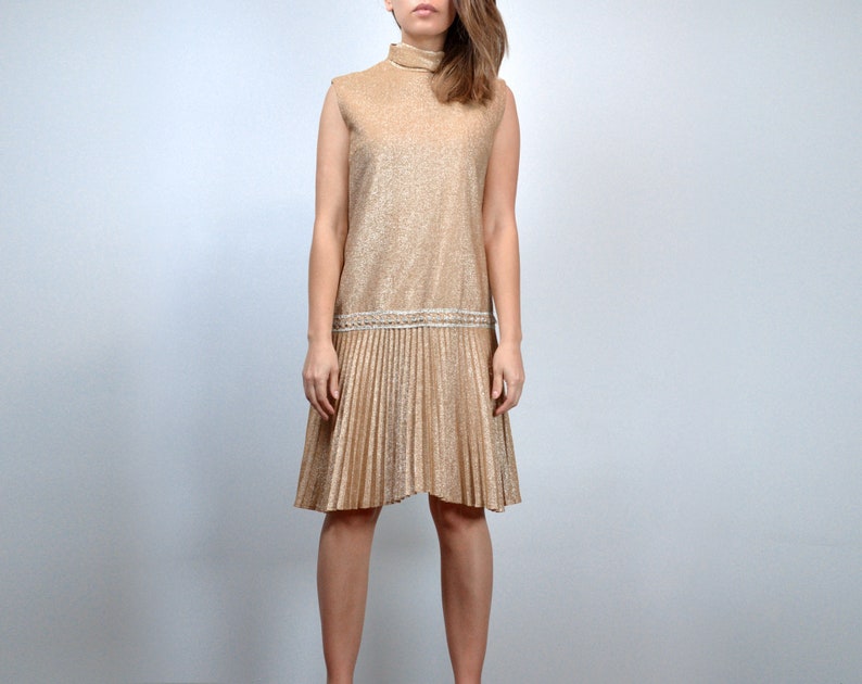 L 1970s Gold Metallic Drop Waist Dress