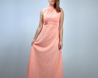 Peach Maxi Dress, Vintage 70s Floor Length Dress - Small to Medium S M