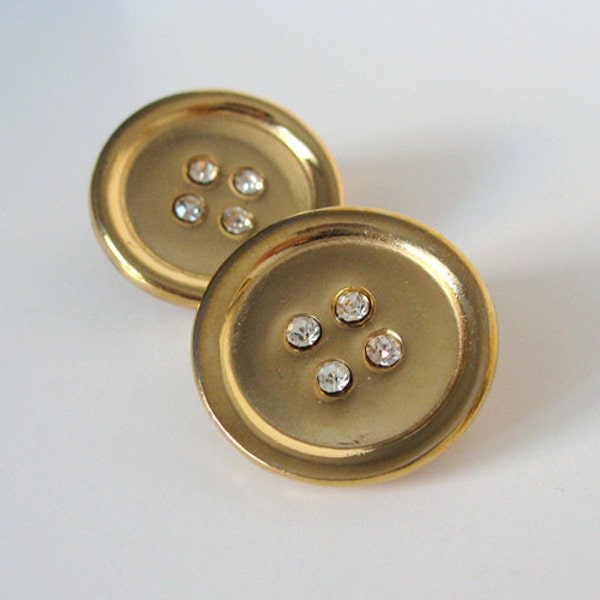 Vintage 80s Gold Clip On Button Earrings with Rhinestones