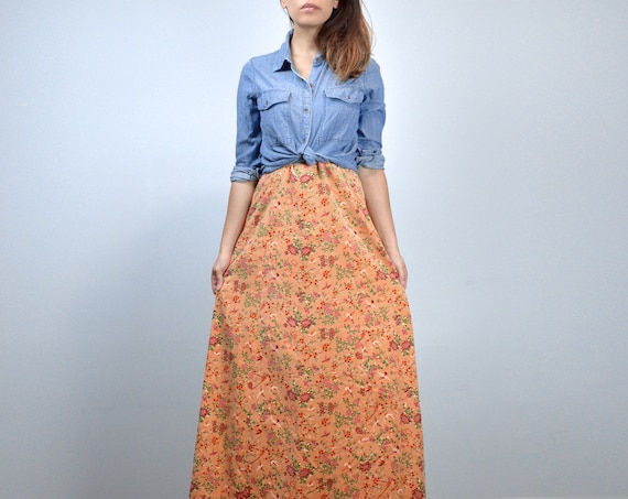 Novelty Print Skirt, Vintage 70s Bird Print Maxi S