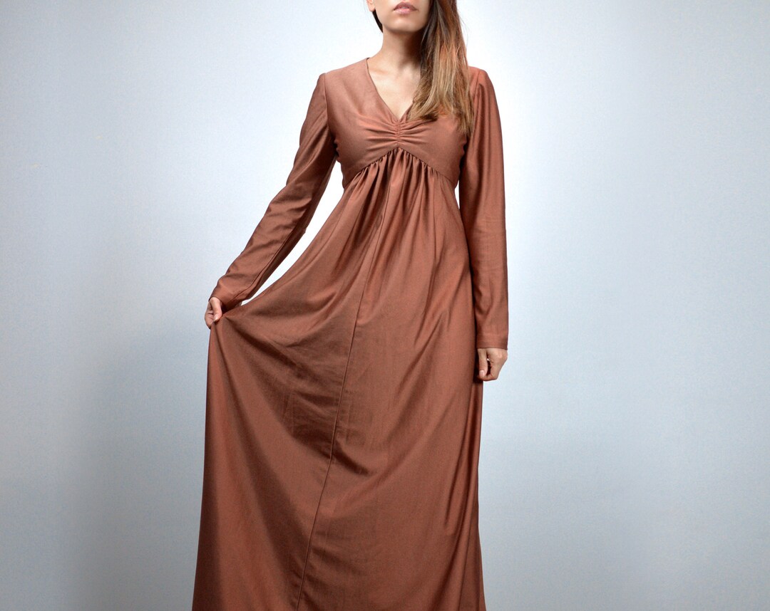 Vintage Copper Dress, Empire Waist Maxi, Long Sleeve Gown Small to