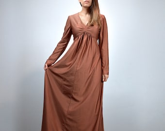 Vintage Copper Dress, Empire Waist Maxi, Long Sleeve Gown - Small to Medium S M