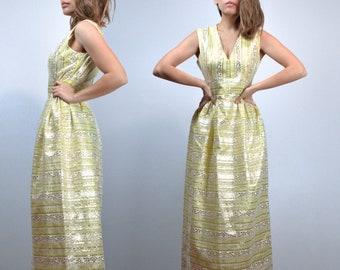 Metallic Maxi Dress, Vintage 70s Long Lime Yellow Bohemian Party Dress - M