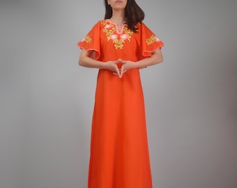 70s Orange Bohemian Embroidered Maxi Dress, M