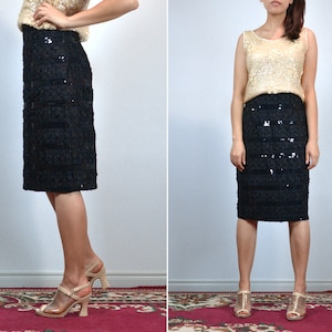 Black Sequin Pencil Skirt Extra Small Vintage 80s Sequins and Ruffles XS image 2