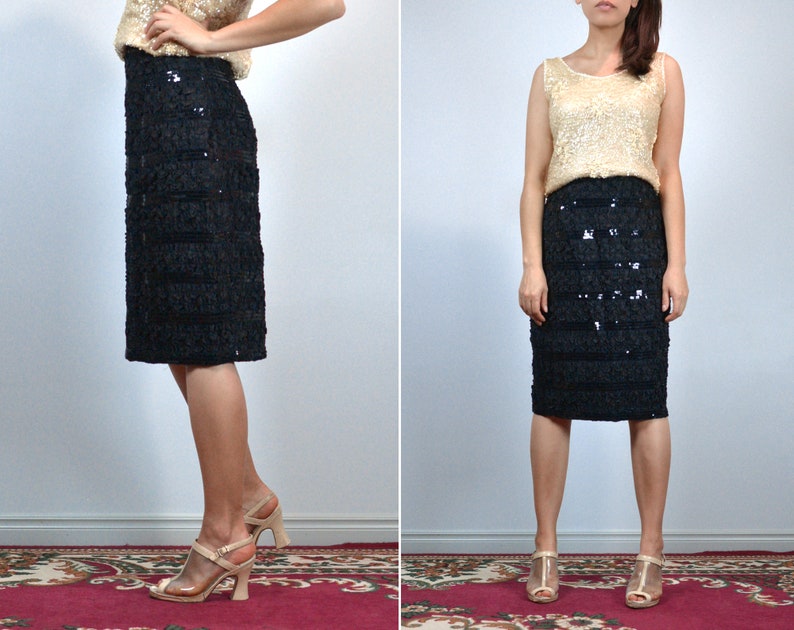 Black Sequin Pencil Skirt Extra Small Vintage 80s Sequins and Ruffles XS image 2