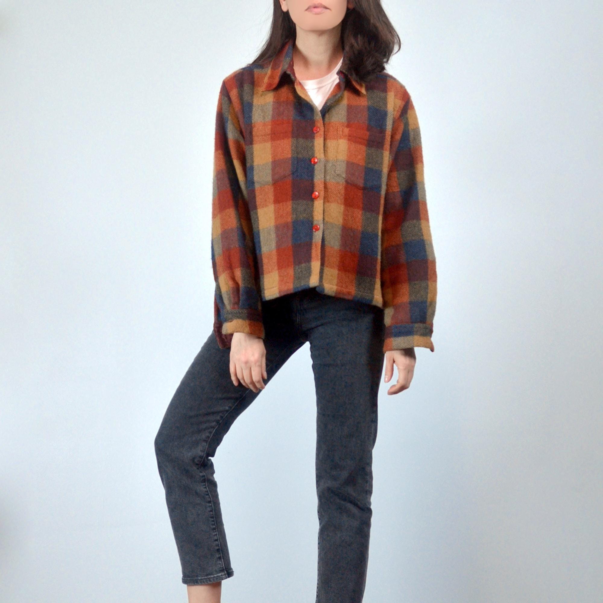 90年代チェック柄シャツジャケット、S～Mサイズ｜ウール混ボタンダウン 