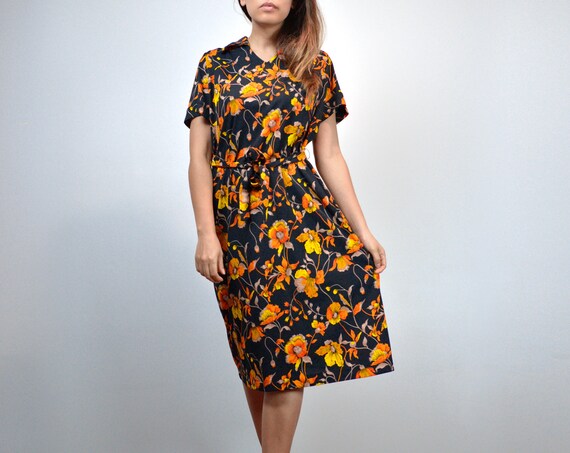 Vintage Short Sleeve 70s Dress Black 