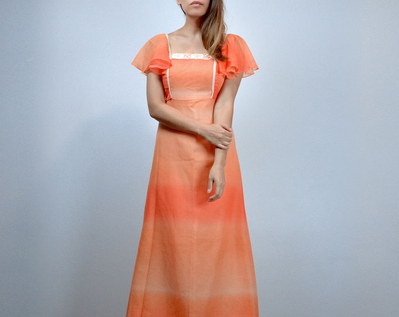 70s Bell Sleeve Boho Dress Vintage Orange Maxi Womens Hippie - Etsy