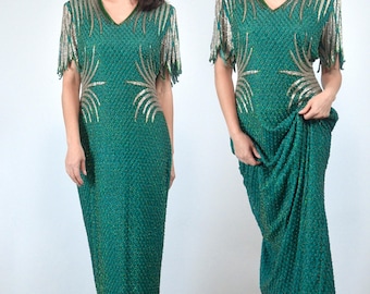 80s Green & Silver Beaded Dress, L to XL | Art Deco Beaded Starburst Formal Dress