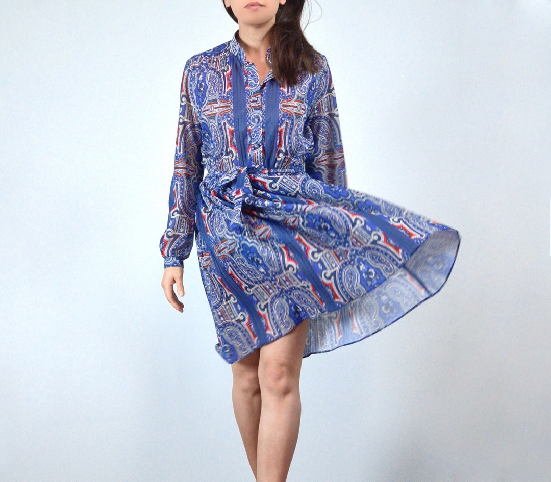 blue scarf print dress 1970s Sheer Dress, M Size:6. back slit Gentle gathering through the Women's Mermaid Prom Dress,