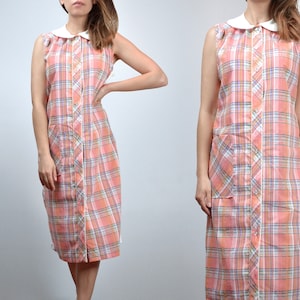 70s Plaid Dress, Vintage Button Up Peter Pan Collar Seersucker House Dress - L XL
