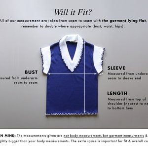 May include: A navy blue top with a white collar and trim, displayed flat with measurement labels for bust, sleeve, and length. Text reads "Will it Fit?" and provides measurement instructions. The garment measurements are not body measurements.