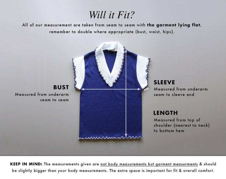 May include: A navy blue top with a white collar and trim, displayed flat with measurement labels for bust, sleeve, and length. Text reads "Will it Fit?" and provides measurement instructions. The garment measurements are not body measurements.