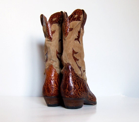 Vintage Cowboy Boots, Beige Suede Leather Snakesk… - image 3