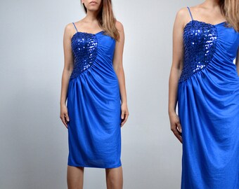 Vintage 70s Sequin Party Dress, Royal Blue Mini, XS