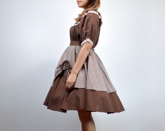 Vintage Gingham Circle Skirt, Brown & White, XS to M